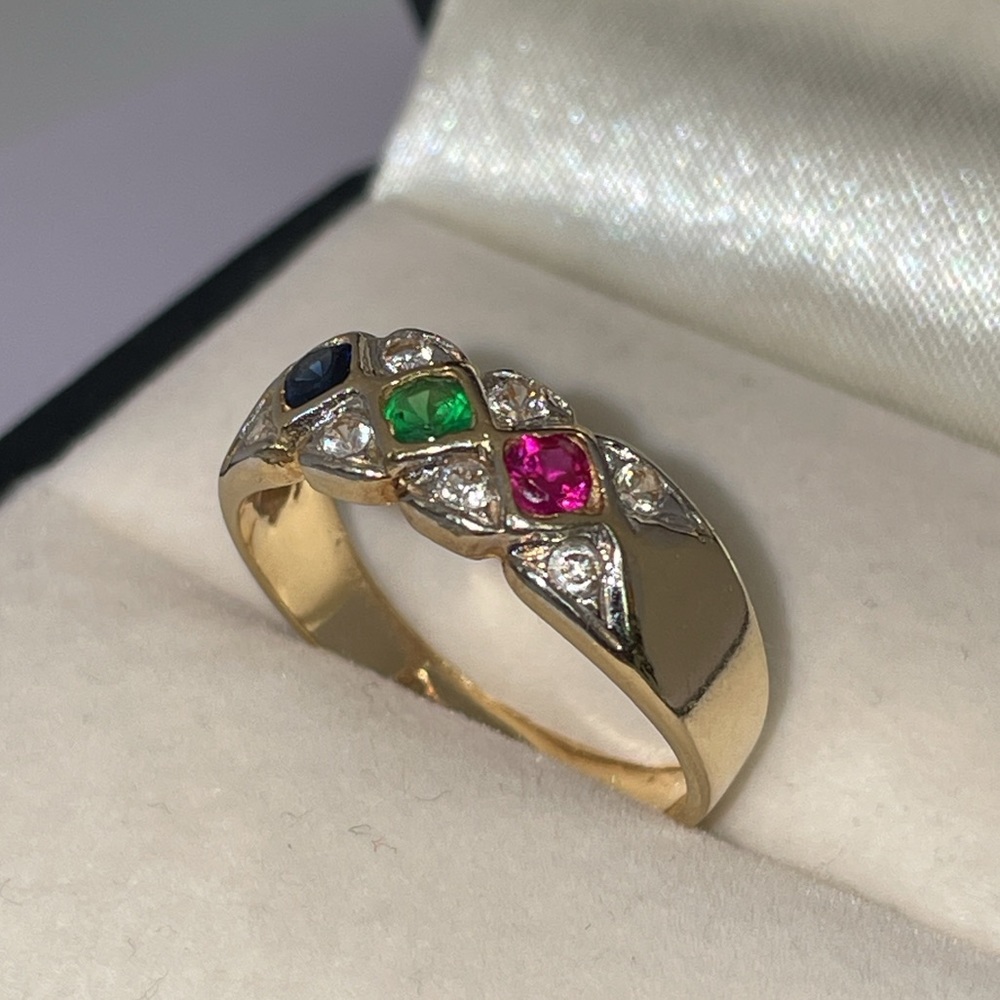 Solid 14k Yellow Gold Red Ruby Blue Sapphire Gree… - image 4